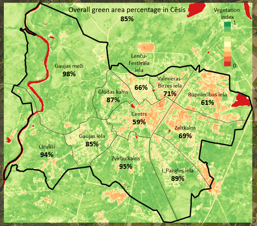 Figure 1. Greenness status map for 2020 showing green area percentage overall and in each district of Cēsis.