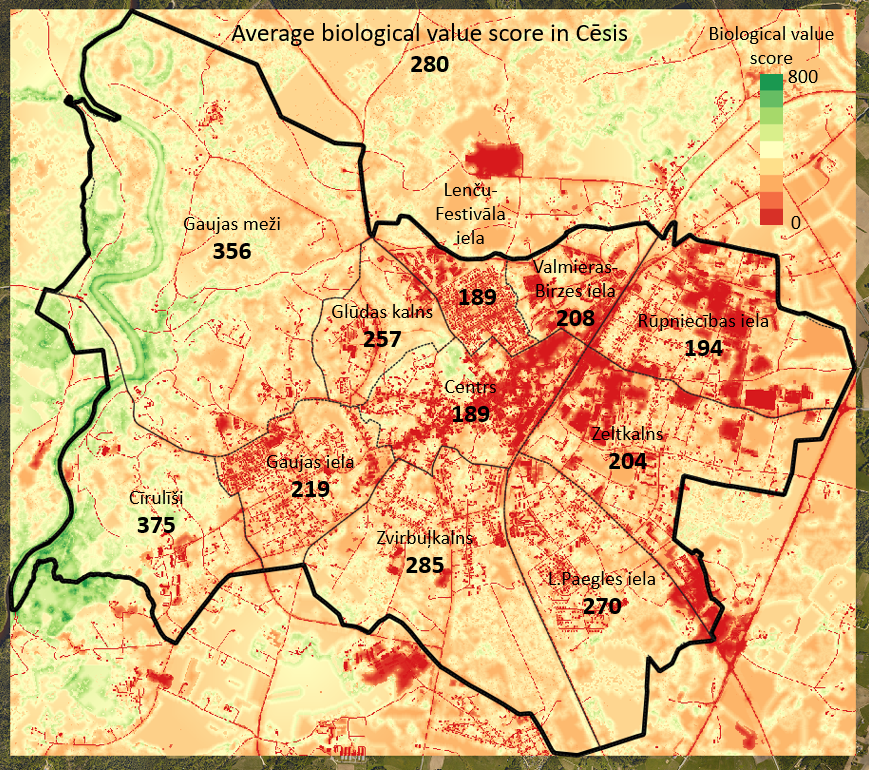 Figure 4. Biological value score for Cēsis and its districts.